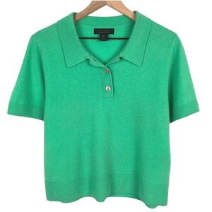 TAHARI 100% 2-Ply Cashmere Short Sleeve Polo Sweater Women's XL Kelly Green Boxy